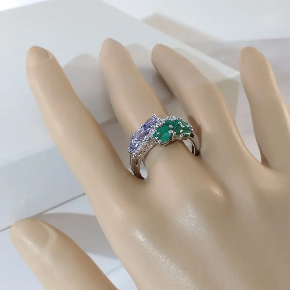 Emerald and Tanzanite and Topaz Bypass Ring Size 9